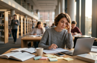 woman sitting at a desk and trying to remember something